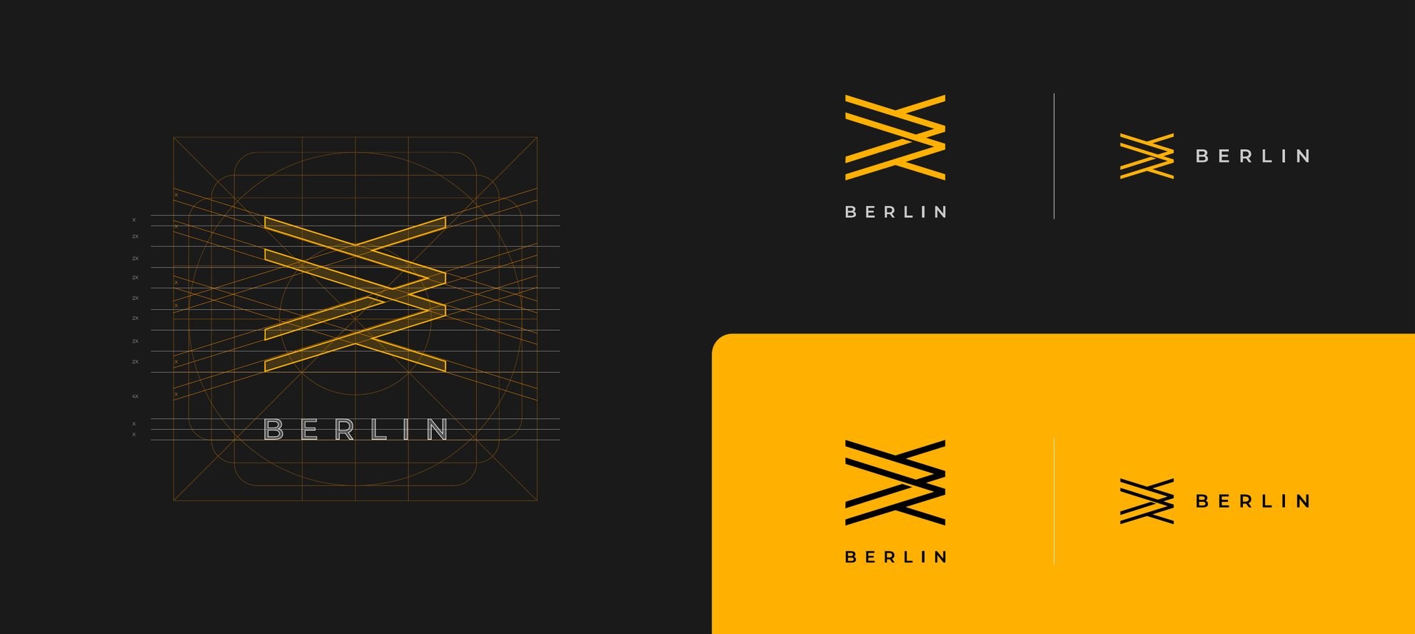 Berlin logo construction grid with stacked and horizontal lockups on black and yellow