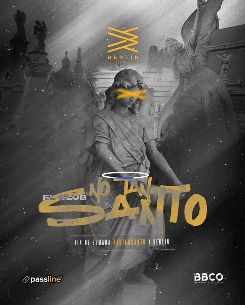 Berlin Club event artwork: a statue with the yellow mark and No Tan Santo lettering